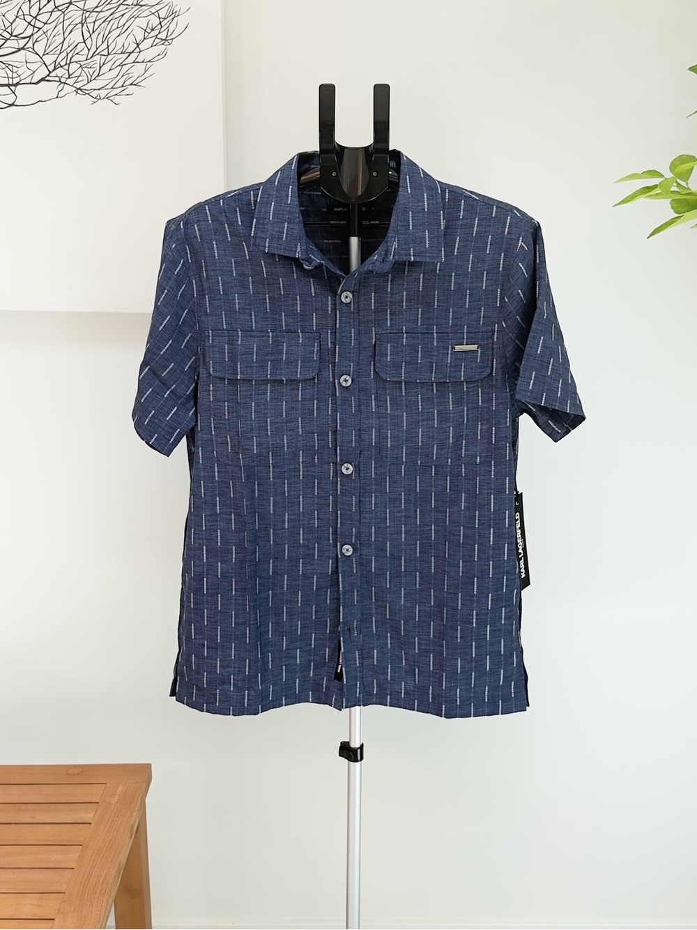Karl Lagerfeld Navy Short Sleeve Button-Down Shirt with Subtle Dash Pattern